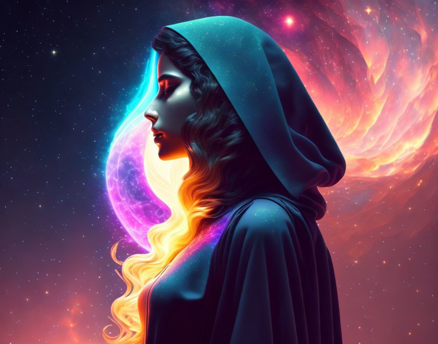 Woman's side profile with flowing hair in cosmic hooded cloak.