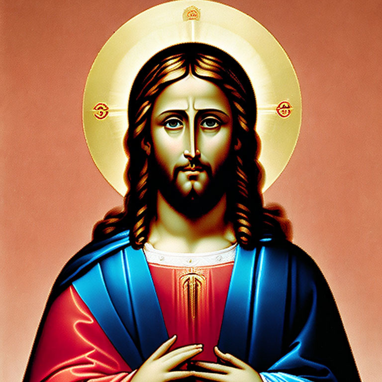 Iconic Portrait of Jesus Christ in Red and Blue Robes