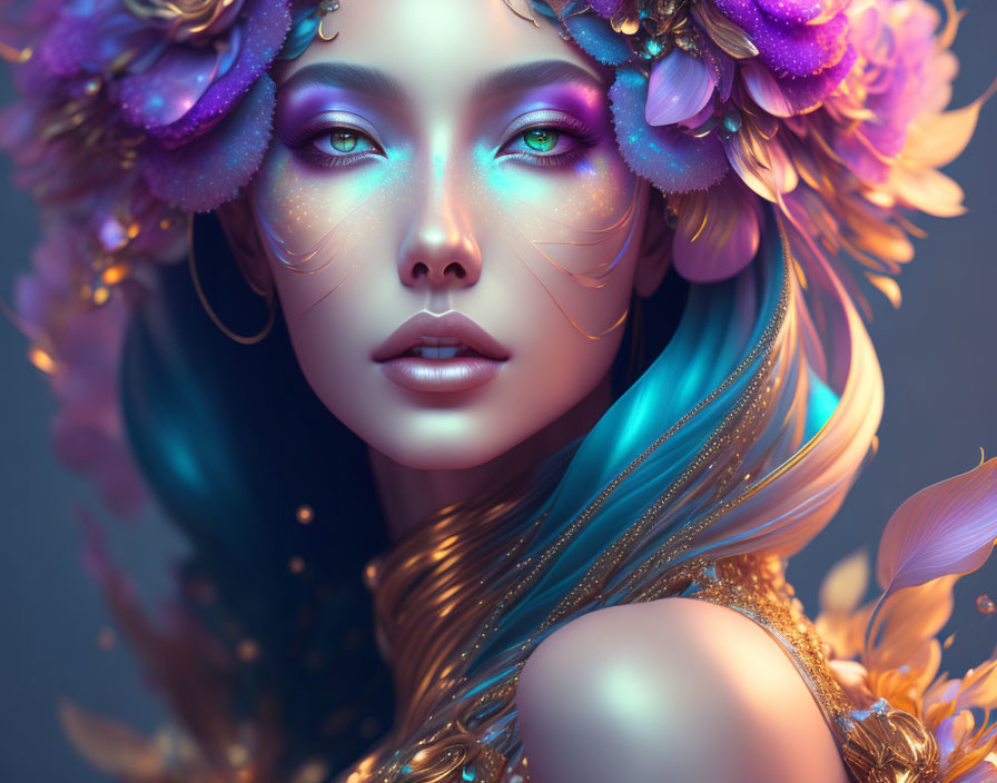 Vibrant blue and purple makeup on woman with floral and golden accessories