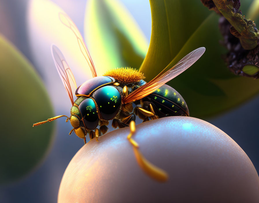 Detailed digital bee illustration on spherical surface with vivid colors