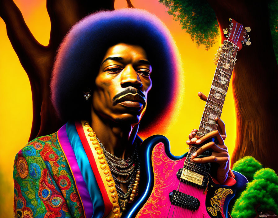 Vibrant Afro Man Illustration with Guitar and Psychedelic Background