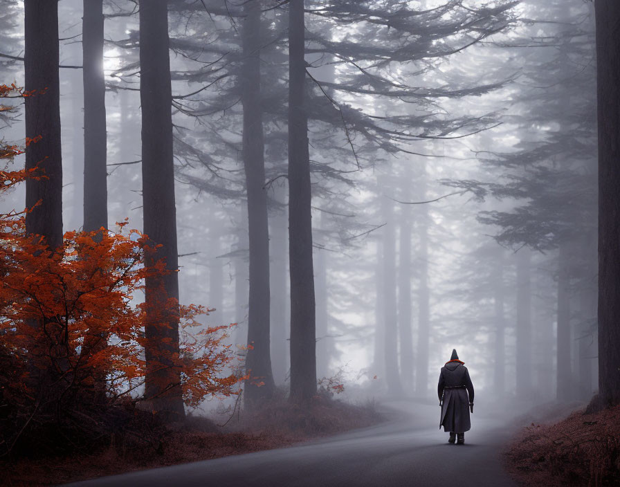 Person in coat and hat walking on misty road with autumn trees - evoking moody atmosphere