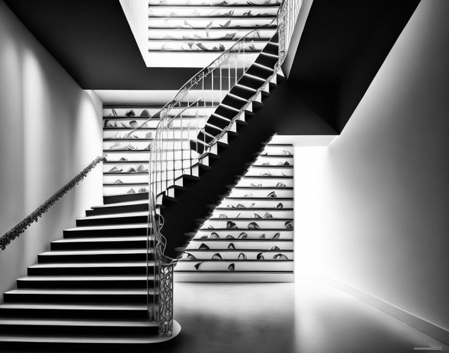 Monochrome photo of sleek interior with spiral staircase and wall of shoes