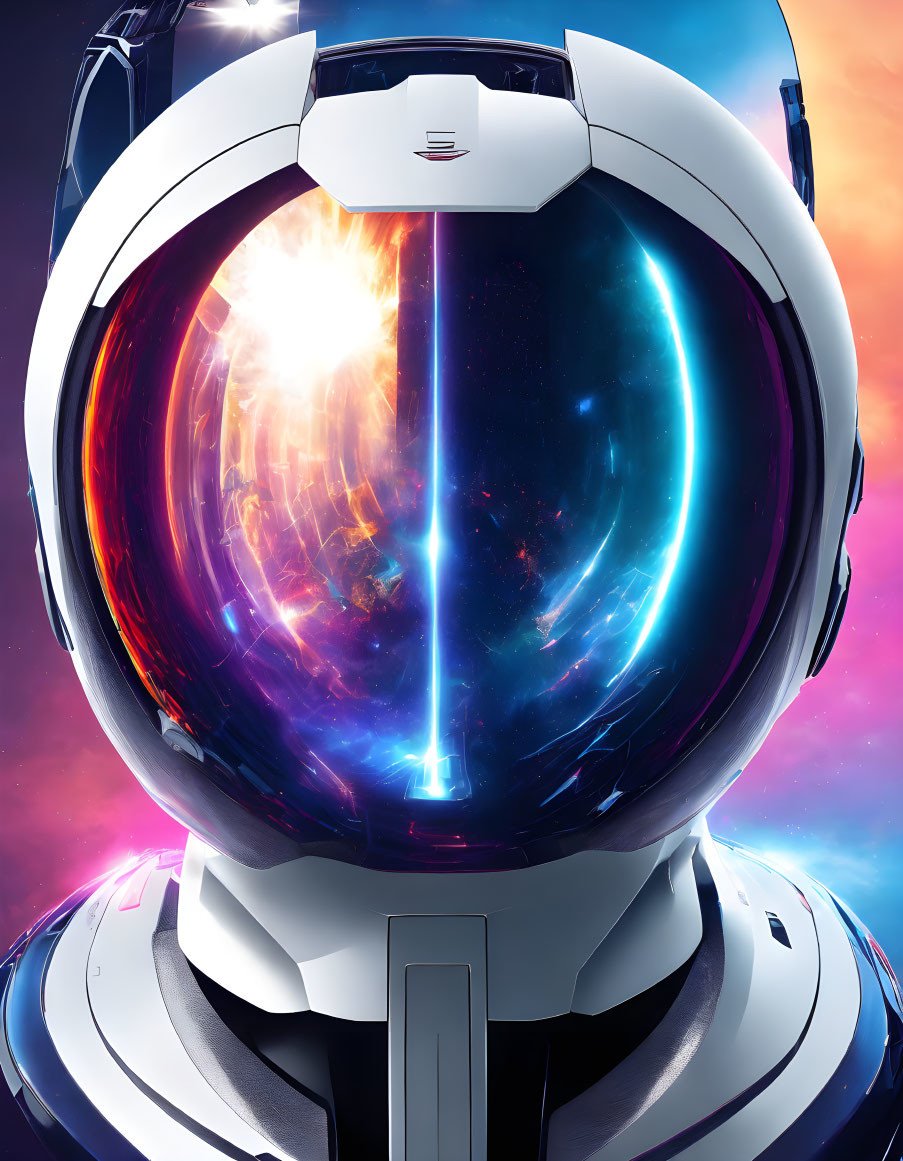 Astronaut helmet with cosmic reflection: supernova, galaxies, nebula