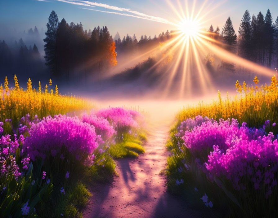 Tranquil sunrise over misty forest path with purple flowers