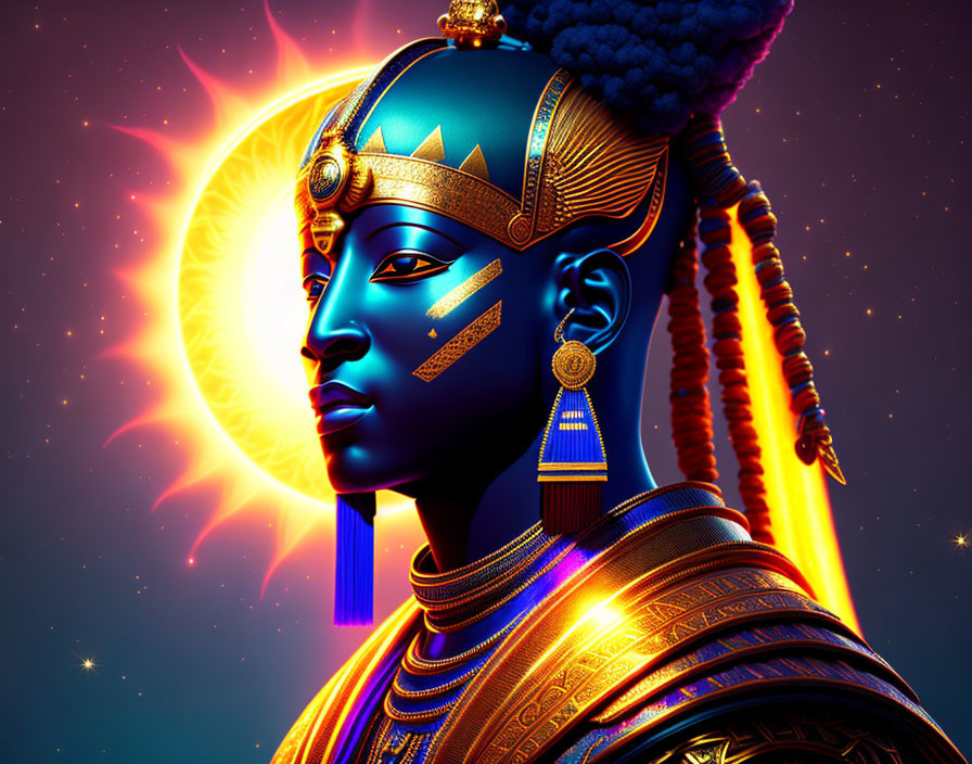 Digital artwork of regal figure with blue skin and Egyptian headdress.