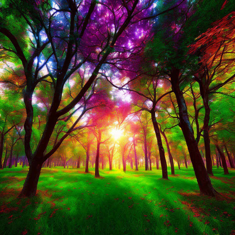 Colorful forest scene with sunlight and shadows on green grass