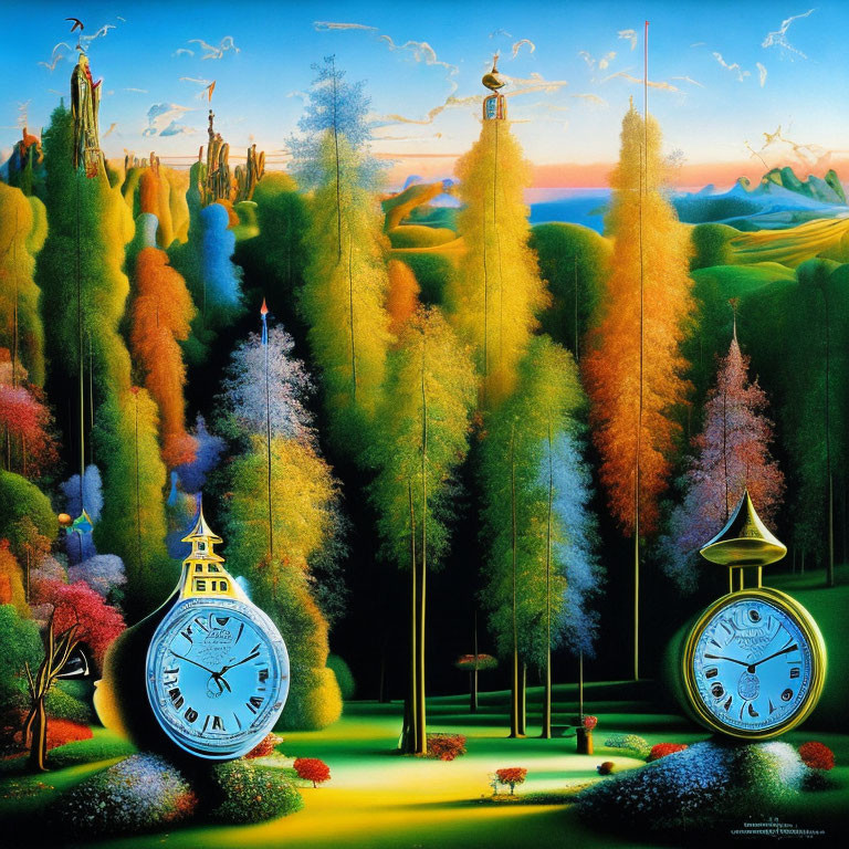 Colorful Trees and Melting Clocks in Surreal Landscape with Vibrant Sky