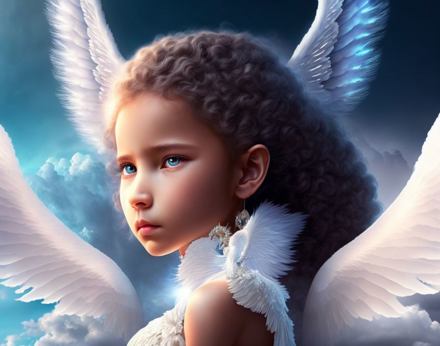 Digital Artwork: Young Girl with White Angelic Wings and Blue Eyes