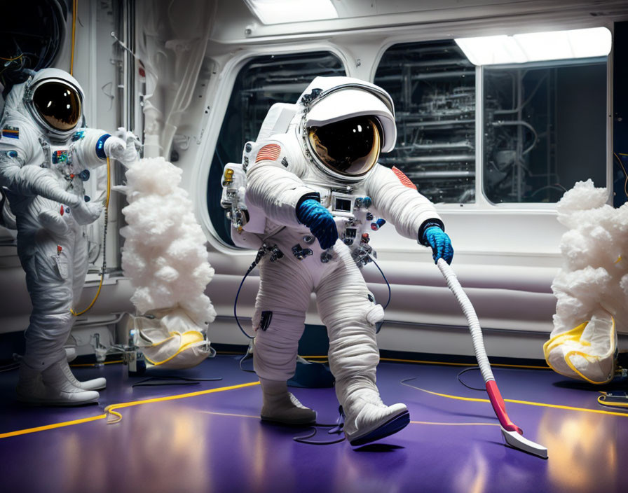 Astronaut vacuuming spacecraft interior with floating cotton-like clouds