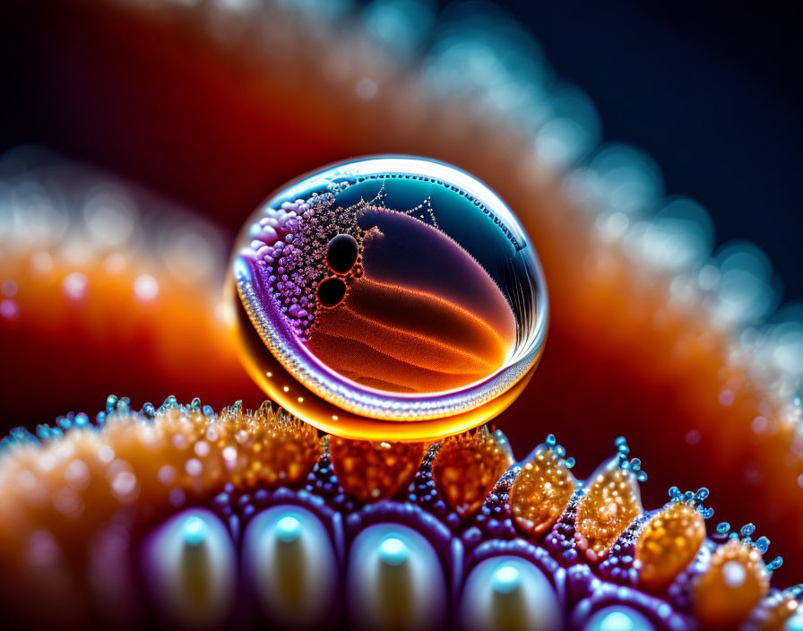 Colorful Macro Shot: Water Droplet with Refracted Light on Textured Surface