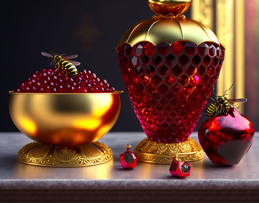 Golden and Ruby Red Decorative Items with Honeycomb Patterns and Bees Displayed