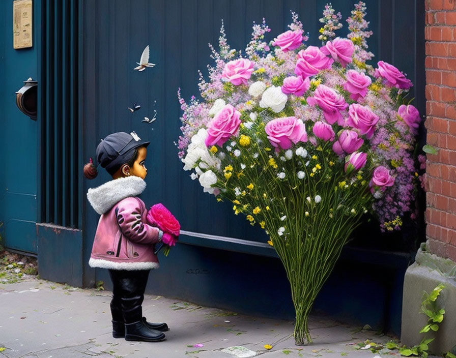 Child in winter clothing admires street art mural of bouquet with butterflies.