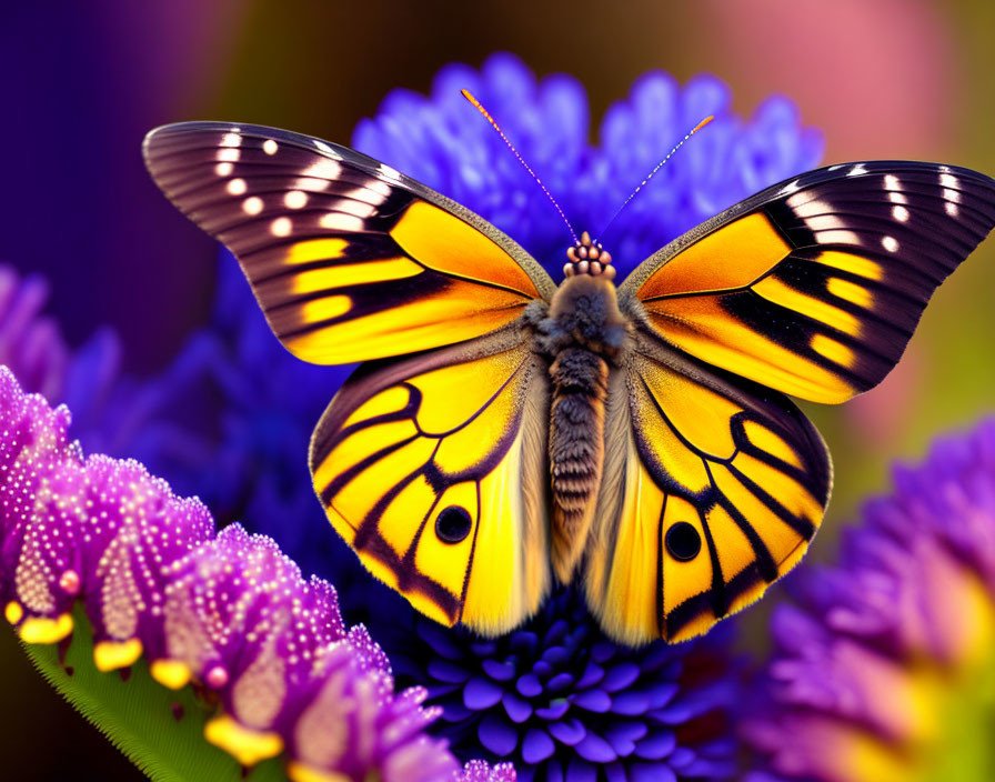 Colorful Butterfly on Vibrant Purple Flowers with Dew-covered Petals