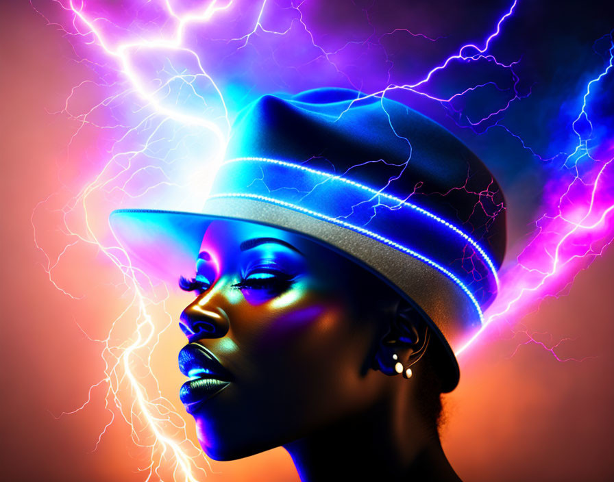 Woman profile with vibrant neon light backdrop and glowing rim hat.