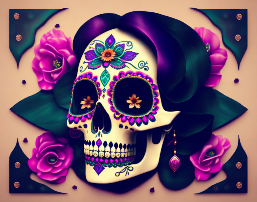 Colorful Decorated Skull with Floral Patterns Among Vibrant Flowers and Dark Leaves