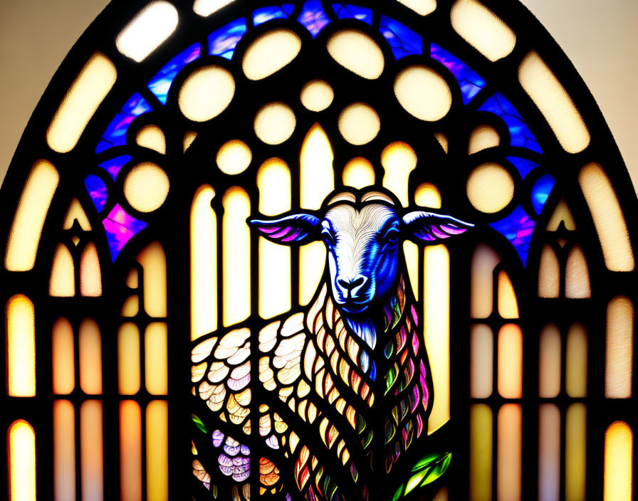 Vibrant stained glass window with lamb and halo on colorful background