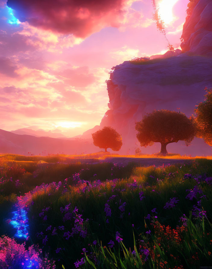 Colorful sunset landscape with purple skies, radiant sun, meadows, flowers, trees, and rocky