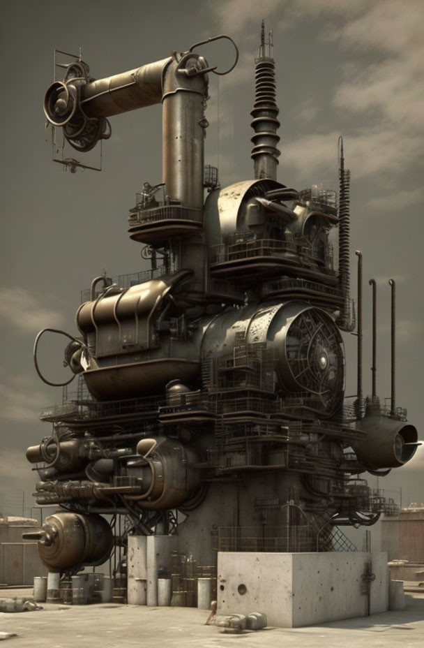 Futuristic industrial tower with pipes and tanks in digital artwork