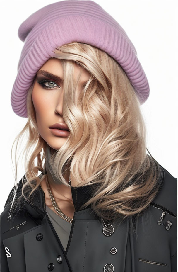 Person with Wavy Blonde Hair in Lilac Beret and Dark Trench Coat with Smoky Eye