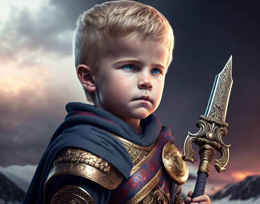 Blond-haired boy in ornate armor with sword under dramatic sky