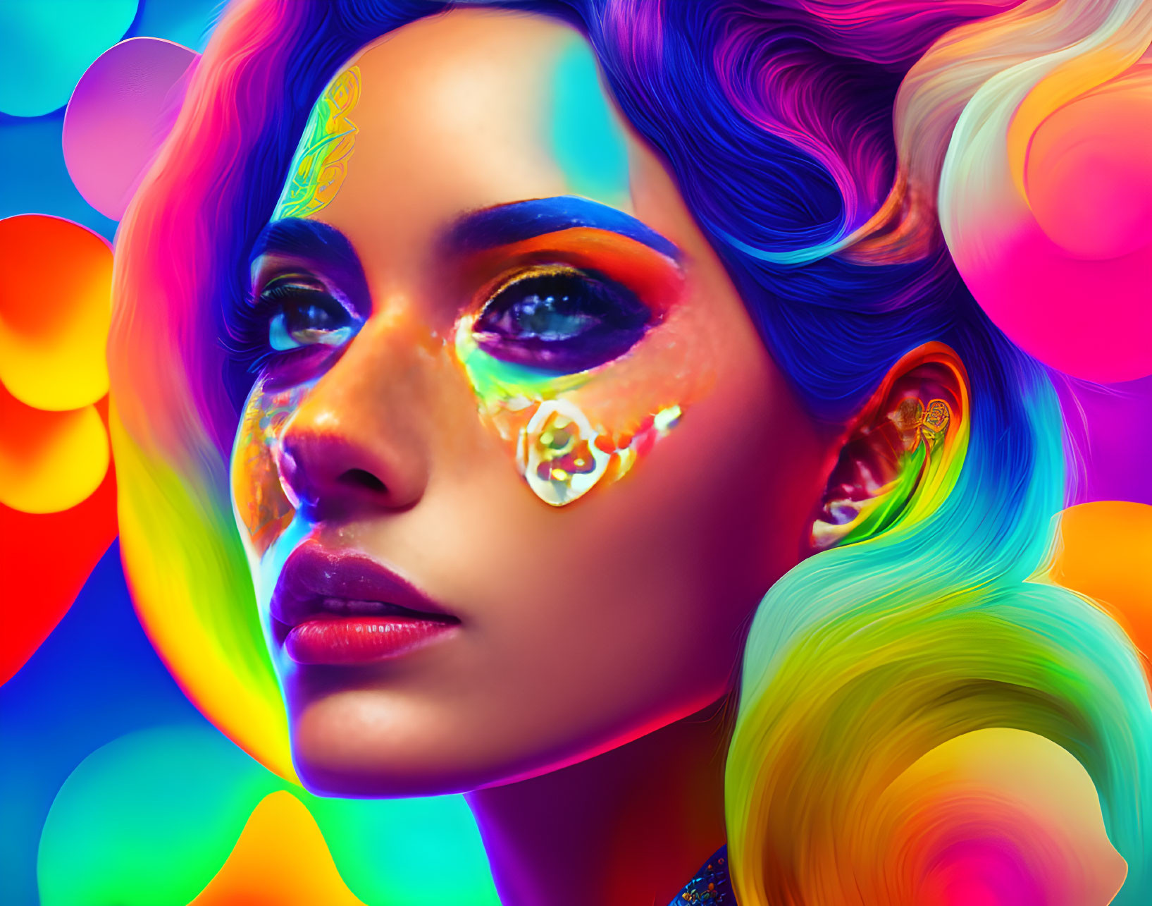 Colorful portrait of woman with rainbow hair and makeup in front of multicolored bubbles