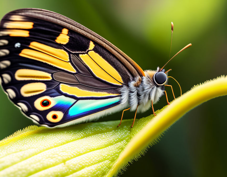 Colorful Butterfly with Black, Yellow, and Blue Wings on Green Leaf