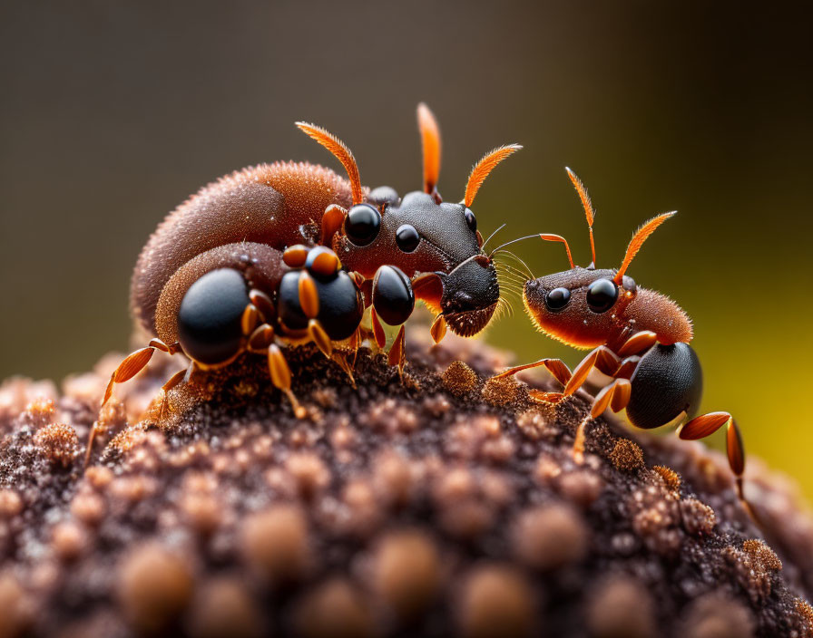 Colorful ants on textured surface in social interaction