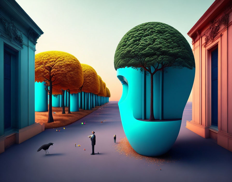 Surreal artwork featuring man, crow, and giant blue head with tree canopy hair