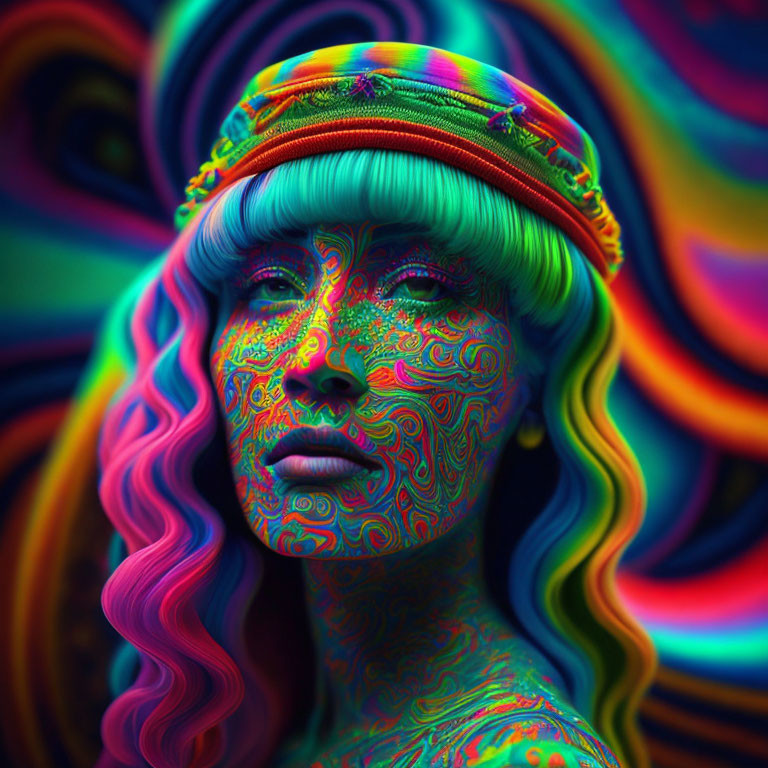 Colorful portrait with psychedelic face patterns and hat on vibrant background