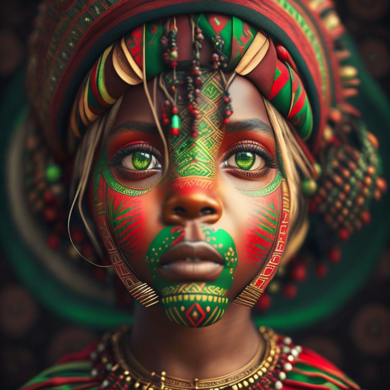 Vibrant tribal face paint and colorful head wrap with green eyes