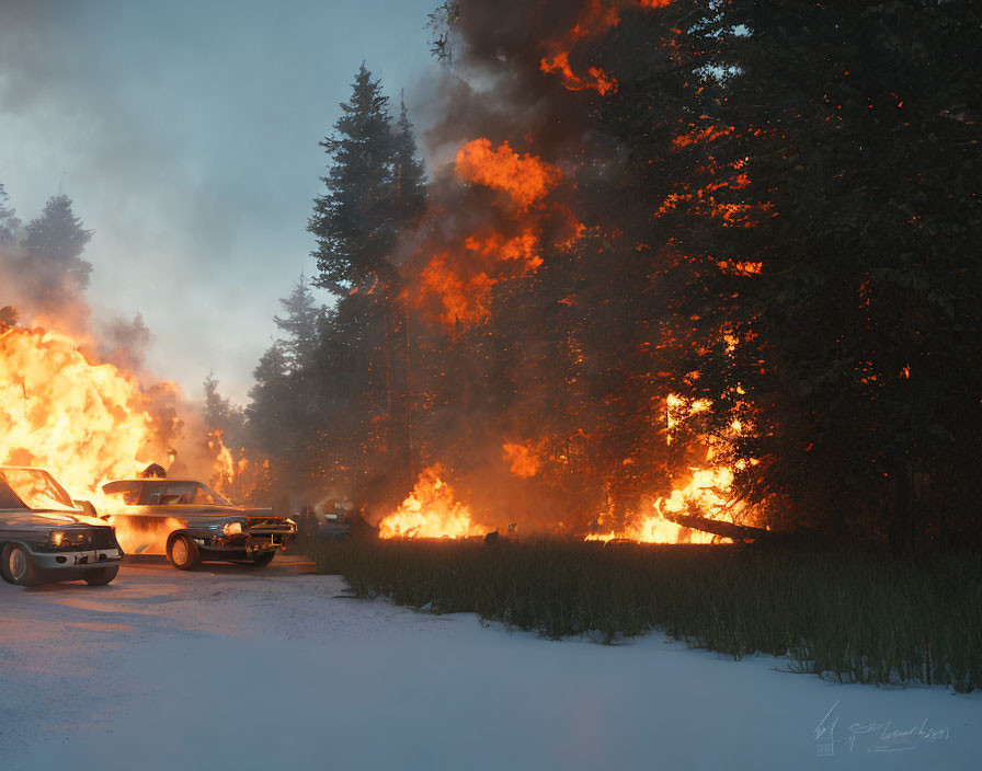 Forest fire aftermath: burning vehicles near smoky woods at dusk