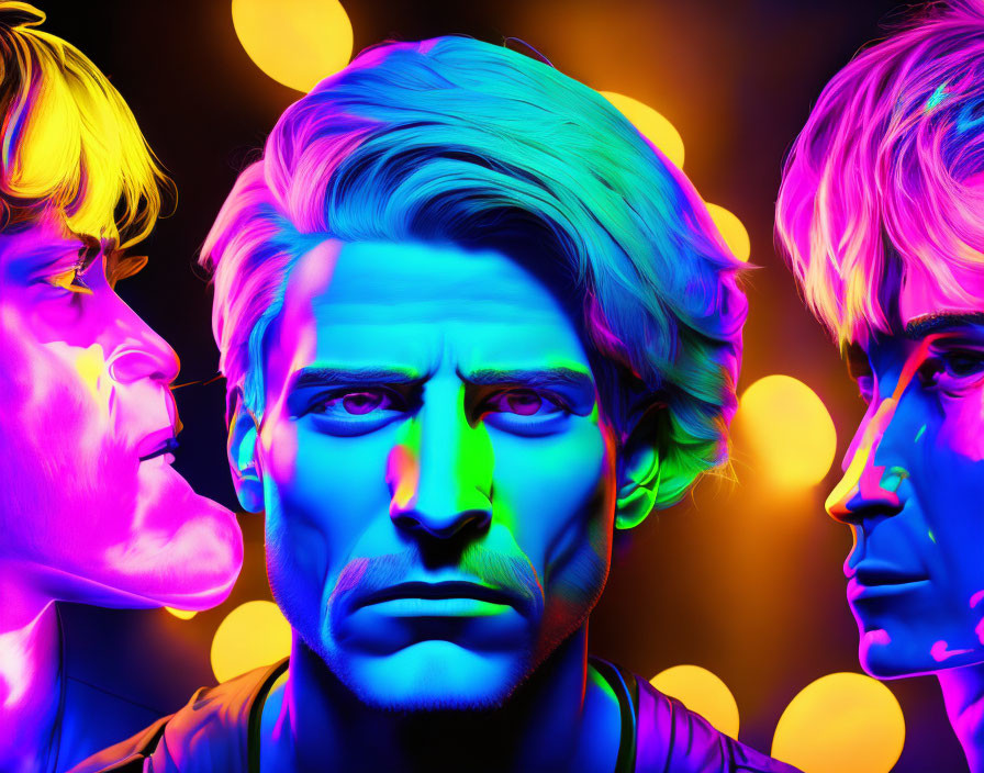 Neon-lit profile faces with intense expressions on dark background.