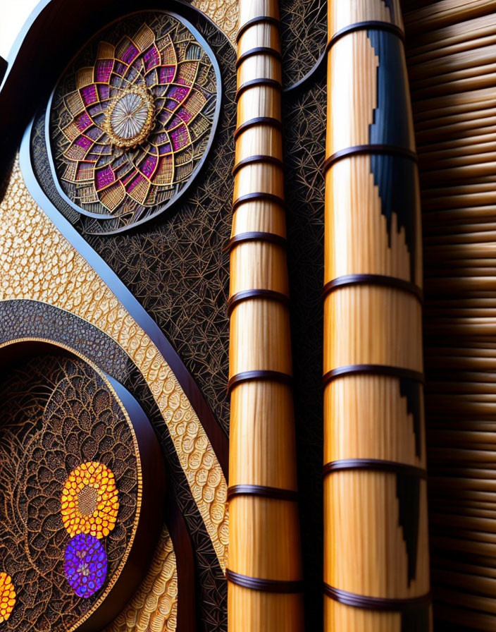 Intricate geometric window with bamboo pillars and floral designs