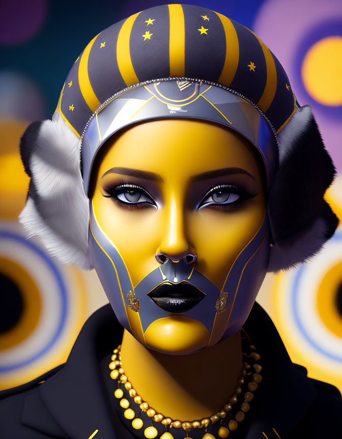 Colorful portrait of stylized female figure with gold and black headgear and geometric backdrop