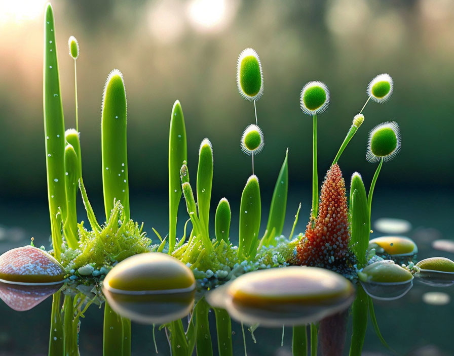 Detailed macro photo of dew-covered moss and sporophytes in miniature enchanted forest setting.