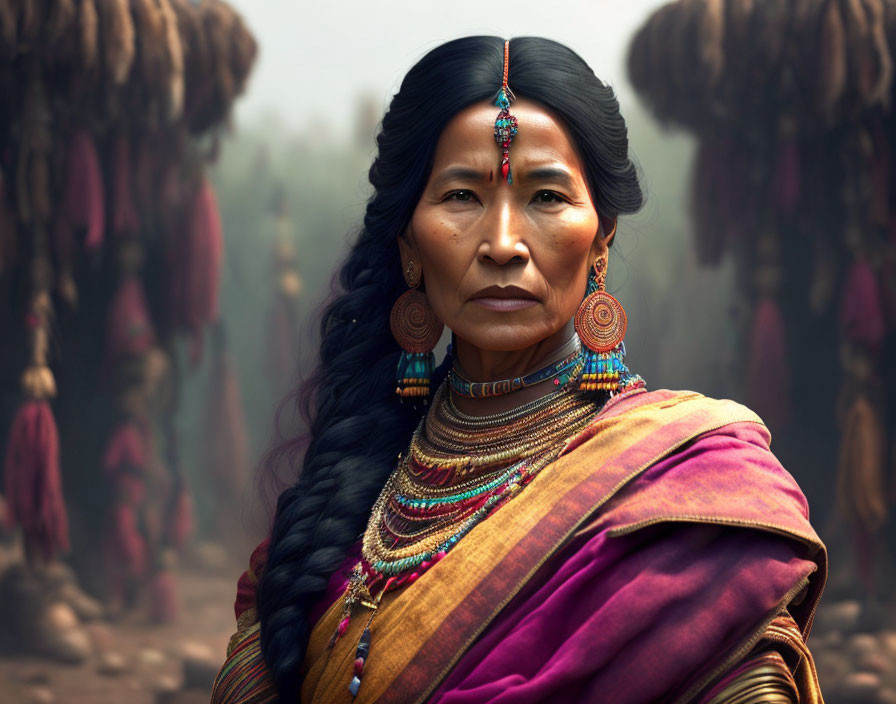 Traditional Attire Woman in Jewelry Gazing Ahead with Blurred Background