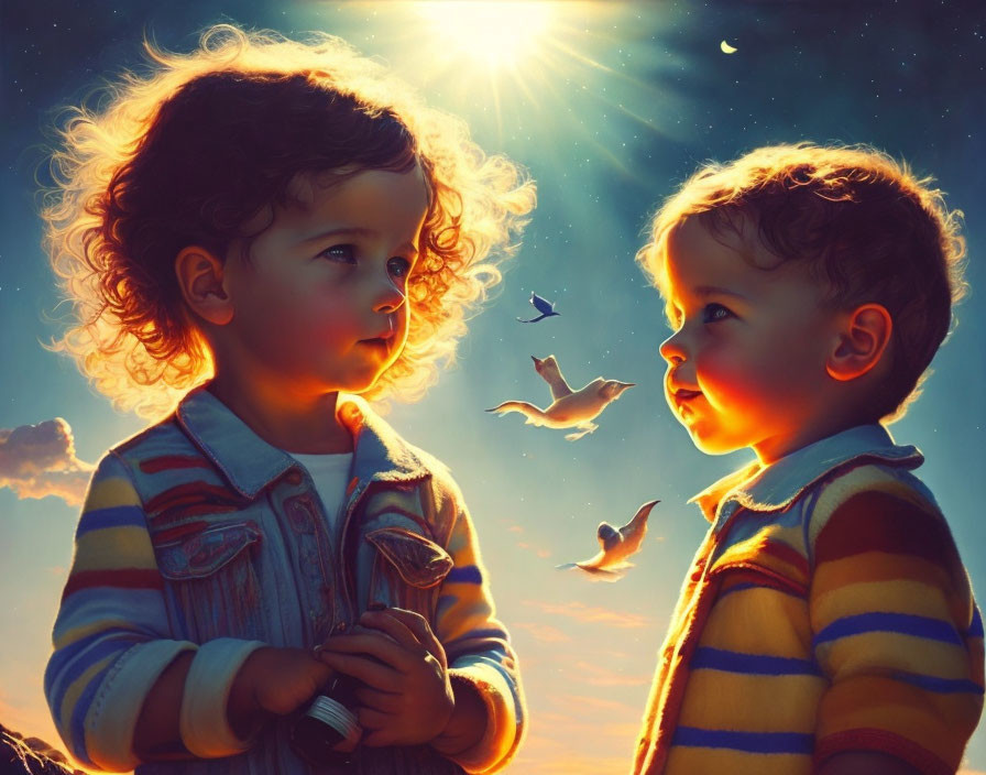 Two toddlers under golden sunset, one in striped sweater, one in jacket, gazing against starry