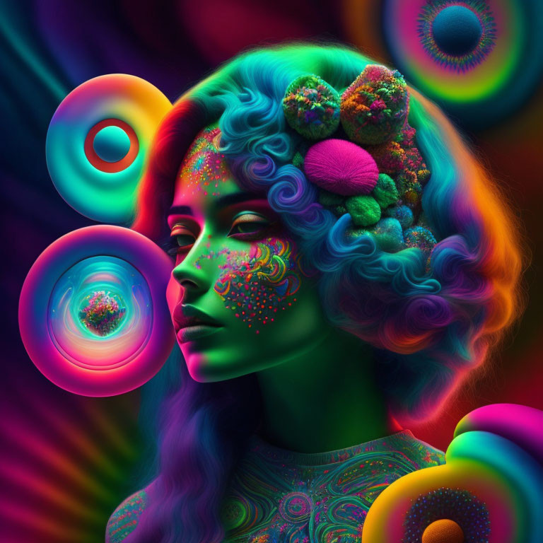 Colorful Woman with Psychedelic Patterns Surrounded by Neon Orbs