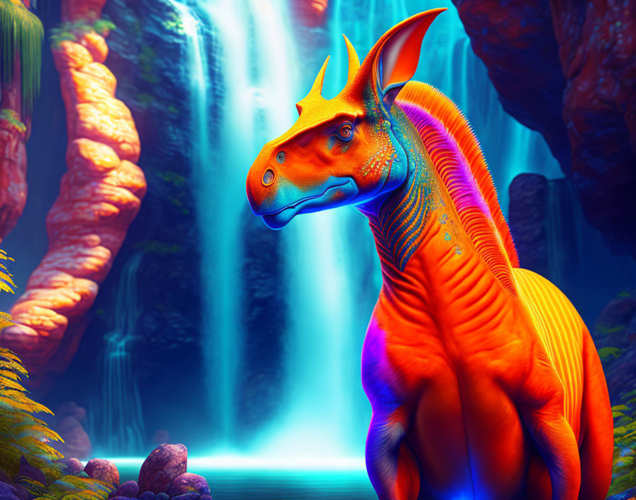 Orange Dragon with Yellow Spikes in Mystical Cave with Waterfall