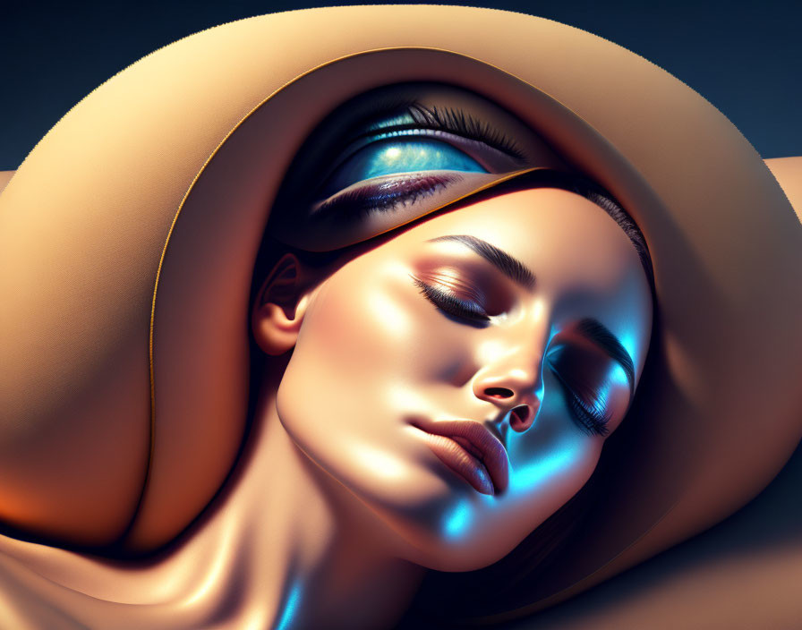 Digital art portrait of woman with glowing skin and flowing structure.