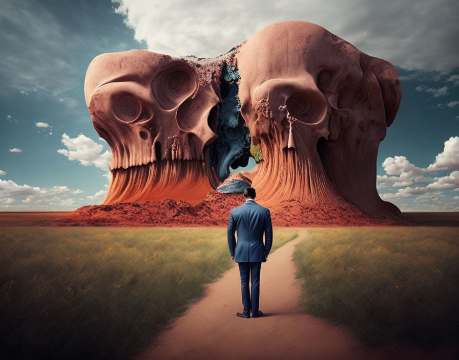 Man in suit standing before vast desert landscape with skull-like rock formations