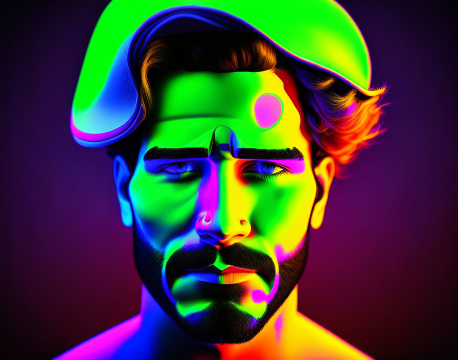 Neon gradient digital portrait of a man with beard and cap