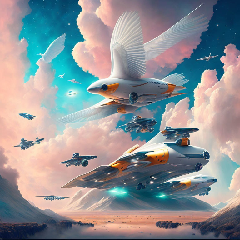 Bird-like spaceships in pastel sky over desert landscape at sunset