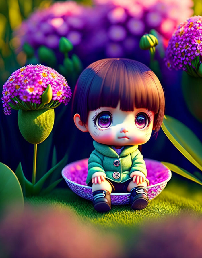 Whimsical animated character on saucer surrounded by vibrant flowers