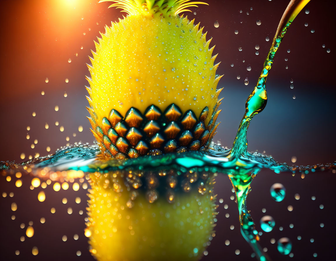 Surreal image: Pineapple half-submerged, water droplets, warm light