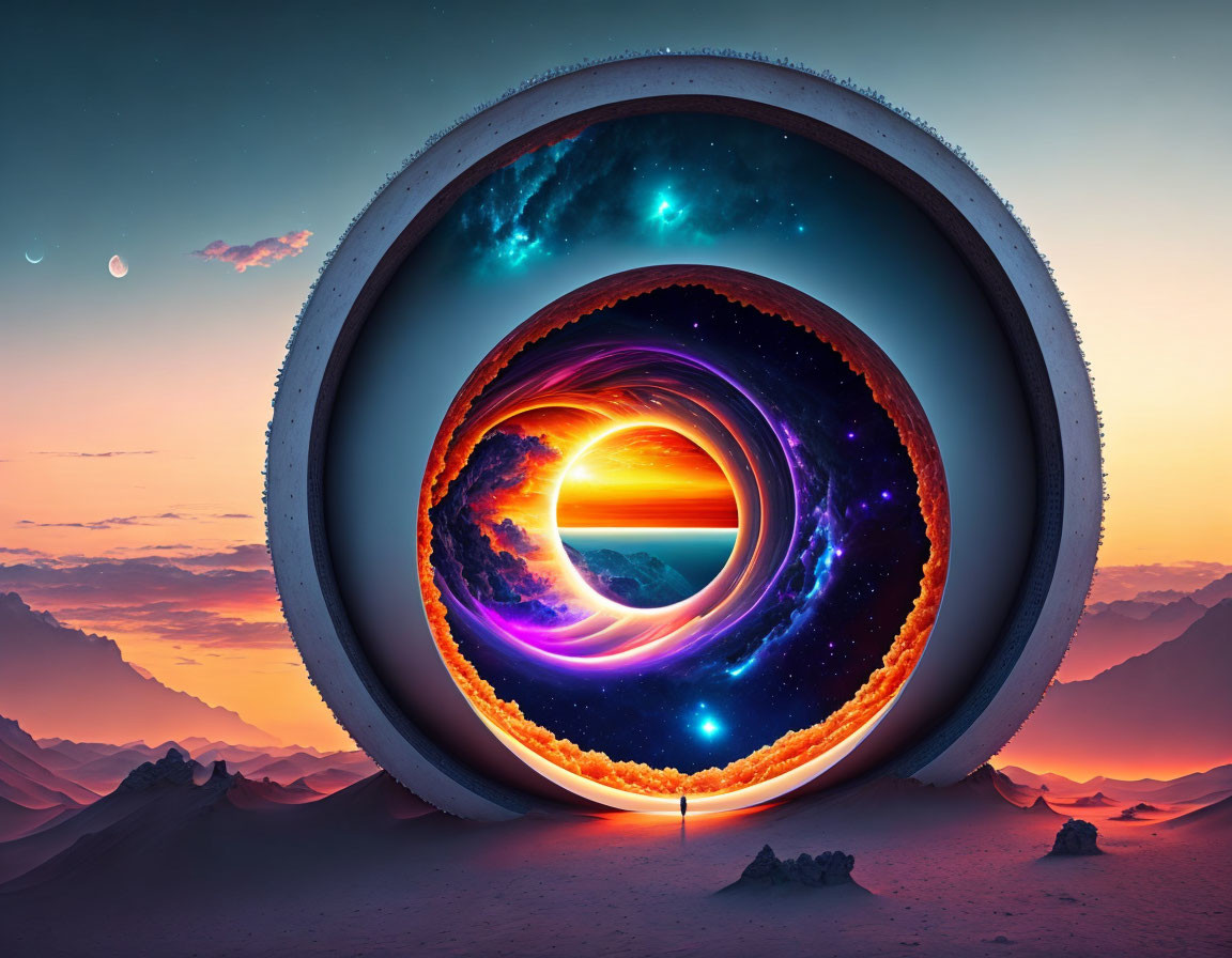 Surreal landscape with nested circular portals and cosmic scenes in desert twilight