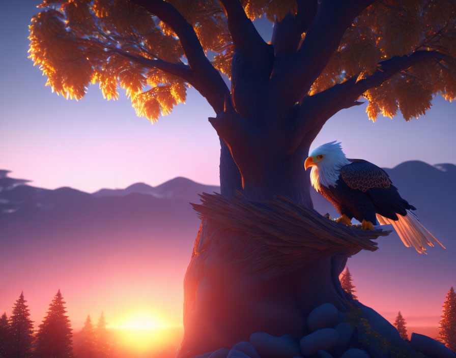 Bald eagle perched on tree branch at sunset with mountains in background