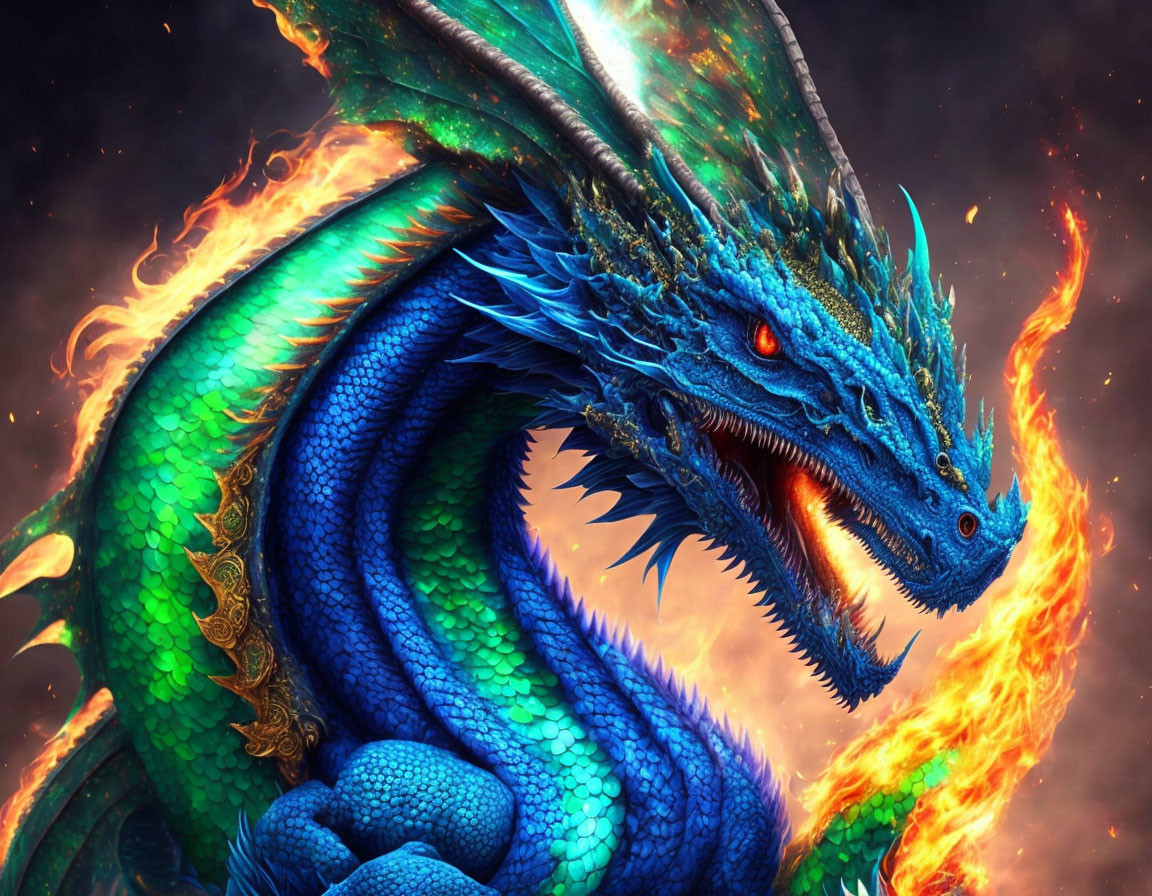 Colorful Blue and Green Dragon Breathing Fire on Dark Background