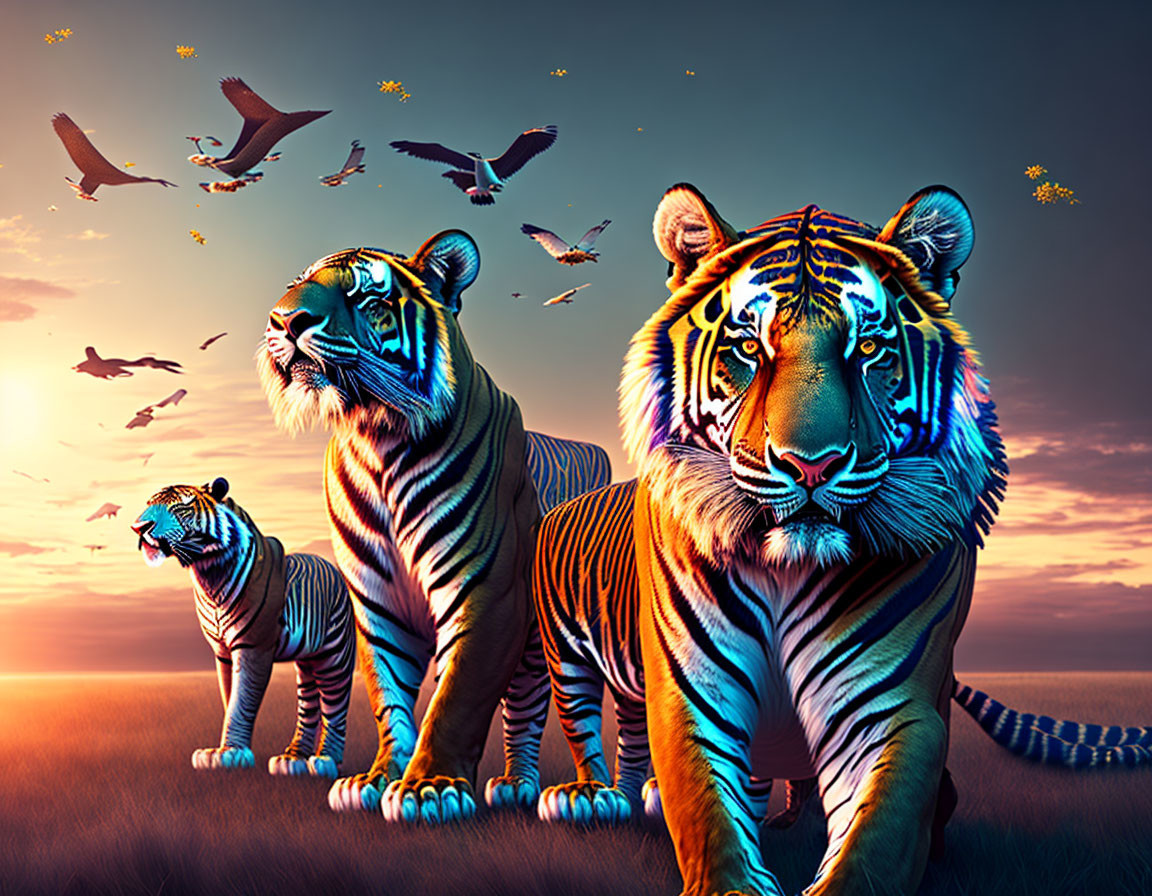 Three Tigers on Colorful Background with Flying Birds - Fantasy Atmosphere